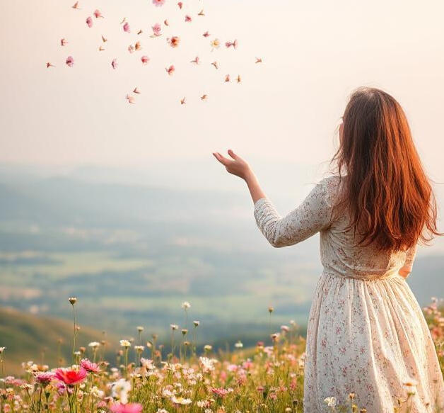 Woman standing in a field of flowers