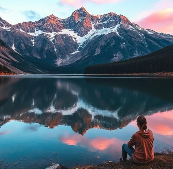 Photo of a woman sitting by a like overlooked by mountains